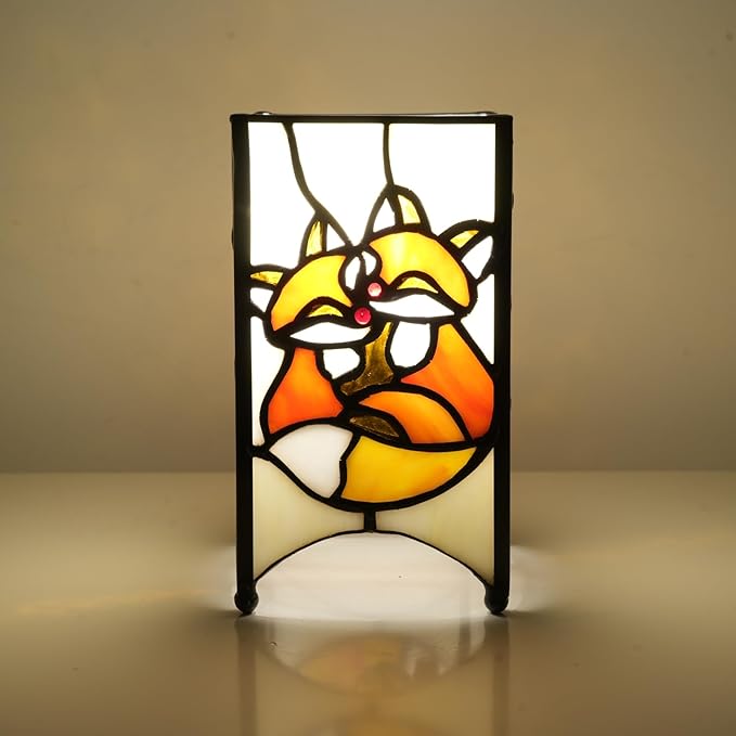 Tiffany Lamp Orange Stained Glass Table Lamp Small Foxes Animal Night Light Mini Retro Bedside Table Light for Home Decor Boys Girls Christmas Halloween Gifts