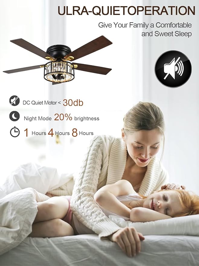 52" Flush Mount Crystal Ceiling Fan with Lights and Remote, Rustic Chandelier Ceiling Fan Low Profile Farmhouse Fandelier Light for Bedroom Living Room Kitchen, 3 E12 Bulbs (Not Included)
