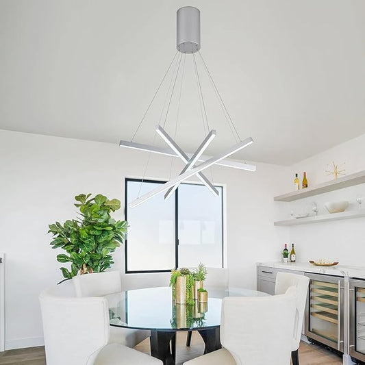 Modern 4-Light Dimmable LED Linear Chandelier Pendant Light, 6000K Cool White Adjustable Hanging Lighting Fixture for Kitchen Island, Dining Room, Office, Silver Metal Commercial Home Lighting