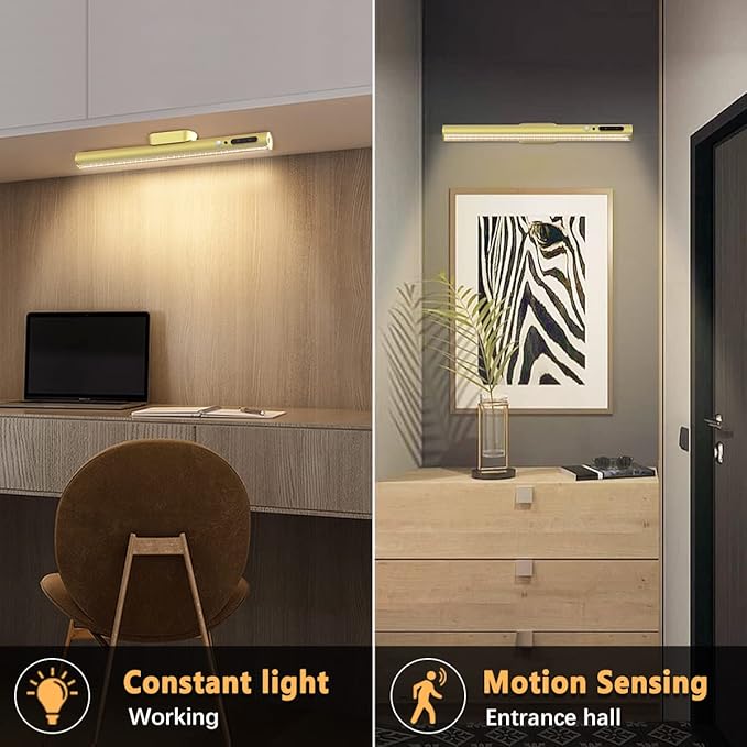Battery Powered Operated Wall Strip Lights, Motion Sensor LED Light Bar Indoor, Rechargeable Magnetic Under Cabinet Lighting Wireless with Remote Control for Picture Closet Room ā Gold