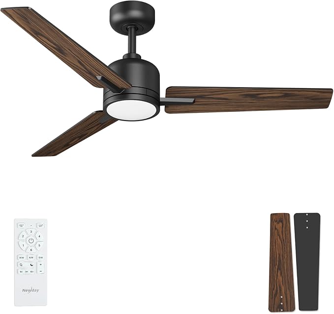 Newday 52 inch Ceiling Fans with Lights and Remote, Black 3 Blade Outdoor Fans for Patios -Dimmable Indoor DC Motor, 6 Speed, Quiet Noiseless, 3 CCT, Reversible, High CFM