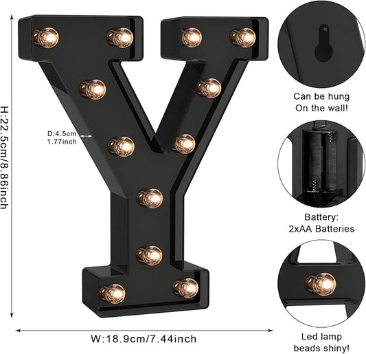 Foaky Black LED Letter Lights for Room Decor - Bedroom Wall Decor, Alphabet Lights for Home, Wedding, Party - Battery Operated (Y)