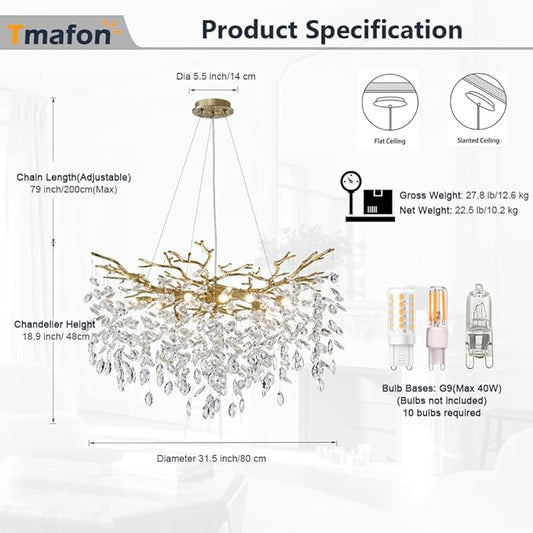 Modern Gold Chandelier Light Fixtures - Dia 31.5 inches Luxury Crystal Chandelier Lighting, Large Kitchen Light Fixture, Led Branch Crystal Chandeliers for Dining Room, Bedroom, Living Room