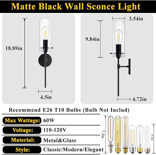 Modern Wall Sconces Set of Two, Black Wall Sconce with Clear Glass Shade, Hardwired Wall Mount Light Fixtures for Living Room Bathroom, Bedroom, Hallway