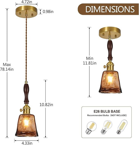 Amber Glass Vintage Pendant Light Height Adjustable Handmade Glass Pendant Lights Kitchen Island Gold Hanging Light Fixture with Wood Handle for Bedroom Dining Room Hotel (1 Pack)