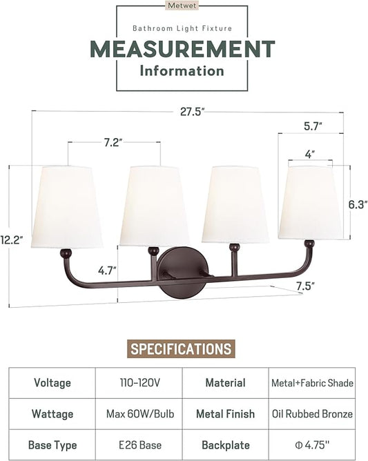Bathroom Light Fixtures, 4 Light Oil Rubbed Bronze Vanity Lights with Flared White Fabric Shade, 28 Inch Wall Sconce, Vintage Sconces Wall Lighting for Hallway Bedroom, VL837-ORB-4