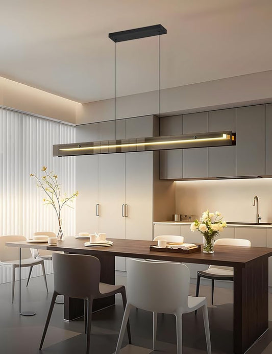 Glass Modern Black Linear Pendant Light - LED Hanging Kitchen Island Lights, Adjustable Dimmable Ceiling Fixtures, Minimalist Chandelier for Dining Room, Bar (74.8")