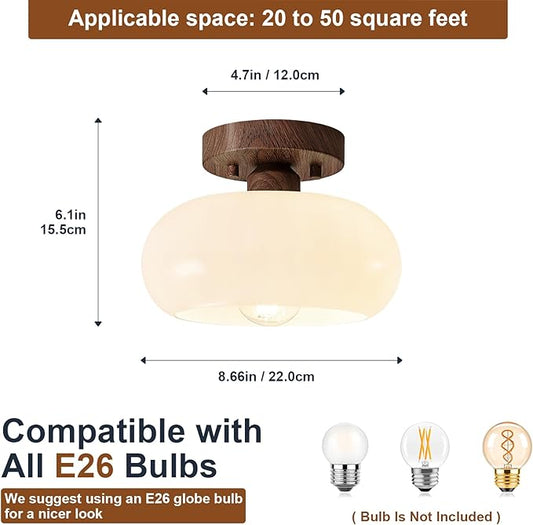 WOKNOS Mid-Century Modern Semi Flush Mount Ceiling Light, Faux Walnut Wood Kitchen Light Fixtures with Glass Shade, Mini White Close to Ceiling Lamp for Entryway Hallway Bathroom (8.66 Inch)