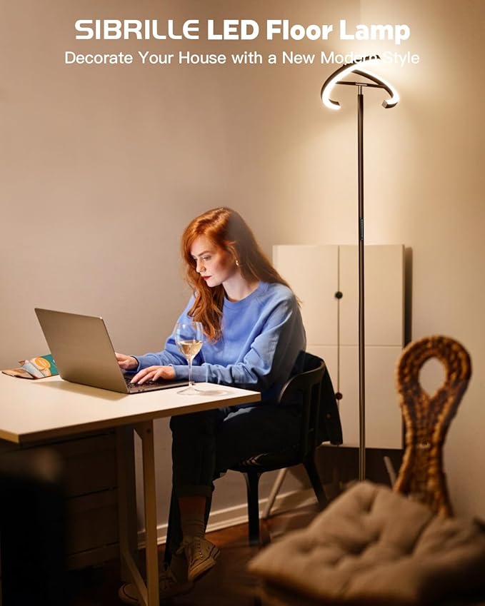 SIBRILLE Brown Floor Lamp, Modern Stepless Dimmable Standing Lamp with Remote Control, 22W 3000-6000K LED Rotatable Floor Light Uplighter Stand up Lamp Tall Lamp for Living Room Bedroom Office