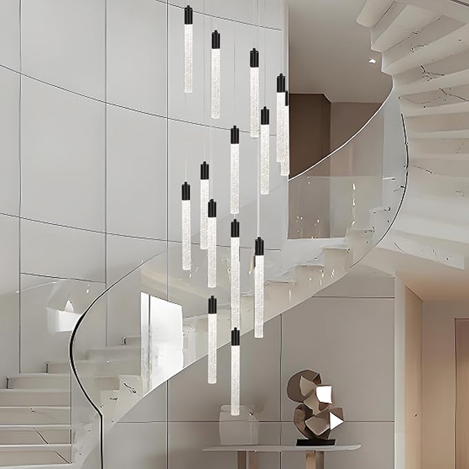 GEADI Modern LED High Ceiling Chandelier with Remote Control,16 Lights Crystal Foyer Chandeliers for High Ceilings,Black Dimmable Long Pendant Light for Staircase Entryway Living Room