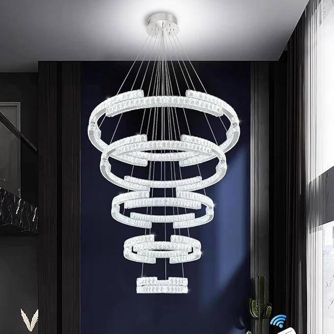 Modern Large Ring Chandelier Lighting, LED 5 Ring Crystal Chandelier High Ceiling Foyer Chandeliers for Staircase Living Room Silver D47.5''+D40''+D32''+D24''+D16''