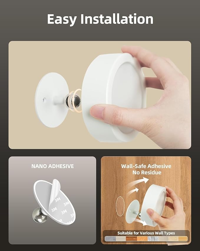 EZVALO LED Wall Mounted Light, 3000mAh Rechargeable Cordless Wall Sconce, Dimmable with Remote & Touch Control, 3 Color Temps, 360° Rotatable for Bedroom, Bedside, Reading(White, 3Pack)