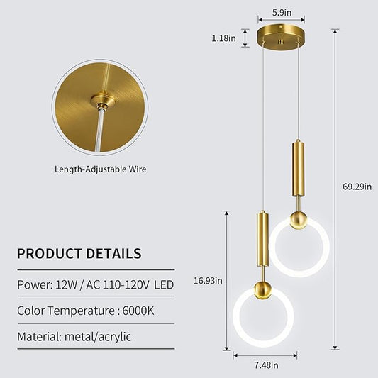 Modern LED Pendant Light Fixtures, Simplicity Gold Pendant Lighting,Circular Hanging Chandelier for Kitchen Island Dining Room Bedroom Entryway Hallway(Gold-2-Light)