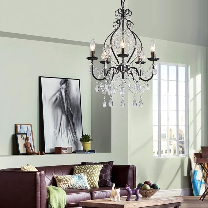 Saint Mossi 5-Lights Crystal Chandelier with Plug, Farmhouse Pendant Light Fixtures, H24 x D17,Chain Adjustable Max 59", Black Finish