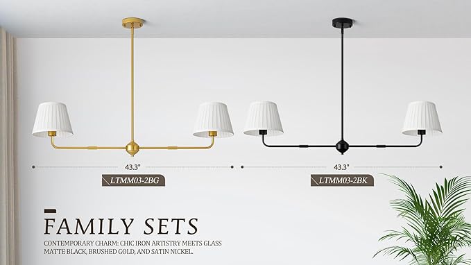 Black Linear Chandelier for Dining Room, 43.3" Modern Pendant Lighting with White Fabric Shade, Double Linear Dining Room Light Fixture Over Table for Kitchen Island Restaurant, E26 Base