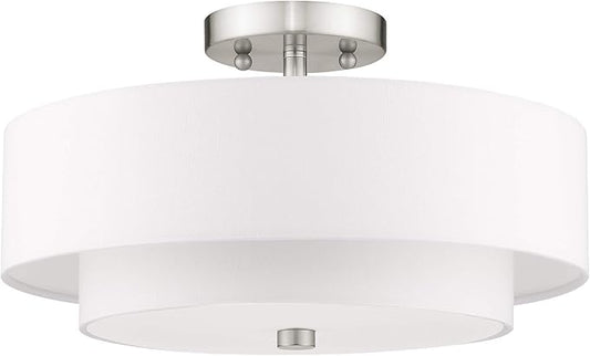 Livex Lighting 51044-91 Brushed Nickel Flush Mount with Off-White Fabric Hardback Shade