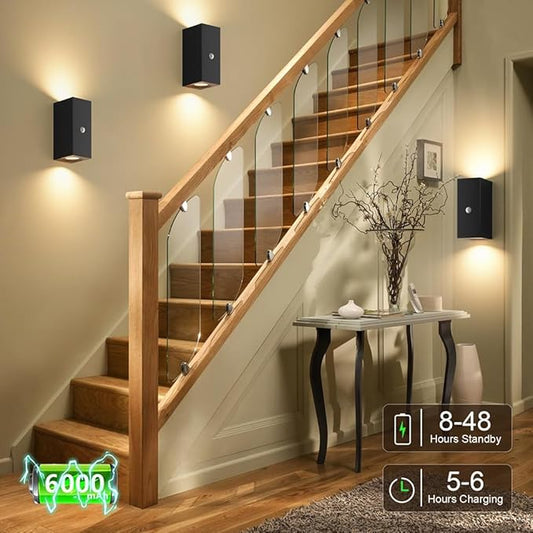 Aipsun Black Battery Operated Wall Sconces 2 Packs with Motion Sensor, Rechargeable Black LED Wall Lighting, Wireless Indoor Aluminum Wall Lights for Living Room, Hallway, Bedroom