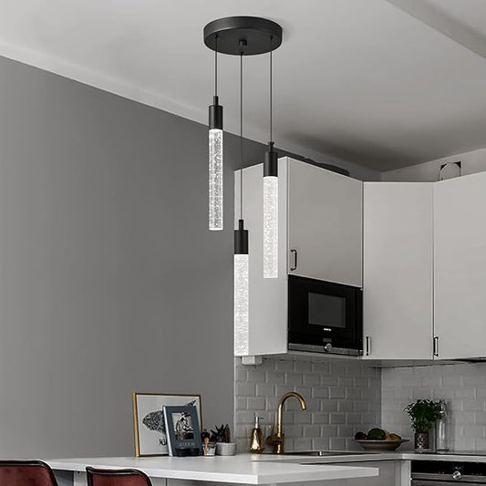 Modern Light Fixture Kitchen Island Pendant Light Dimmable LED Black Pendant Lights Mini Crystal Pendant Lighting for Bedroom Dining Room Living Room(3-Light )