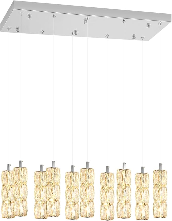 ykolupty Modern Crystal Chandelier 10-Lights Rectangle Pendant Light LED Dimmable Silver Linear Chandelier Flush Mount Crystal Pendant Light for Living Room Dining Room Foyer