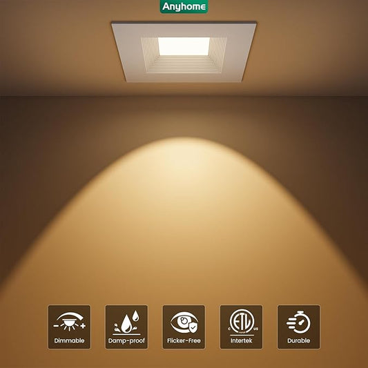 12 Pack 6 Inch Square Ultra-Thin Led Recessed Lighting,Recessed Led Downlight with Junction Box,5CCT 2700K-5000K Dimmable,with Baffle Anti-Glare,11W 900LM,ETL & ES