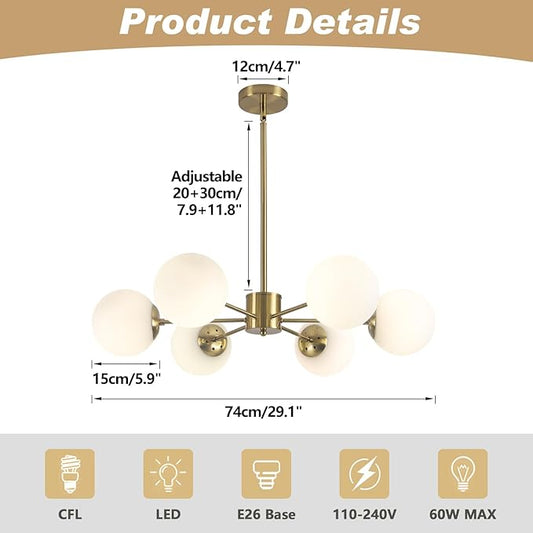 KCO Lighting Gold Sputnik Chandelier 6 Lights Milk Glass Chandelier Brass Kitchen Ceiling Light White Globe Pendant Light Mid Century Modern Dining Room Light Fixtures