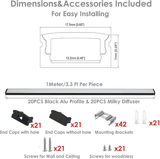 Besseto 20Pack 3.3Ft/1M Black LED Aluminum Channel,LED Strip Light Diffuser Aluminum Channel Profile Housing Track for Under Cabinet Counter and Stairs (Black-20Pack 3.3ft)