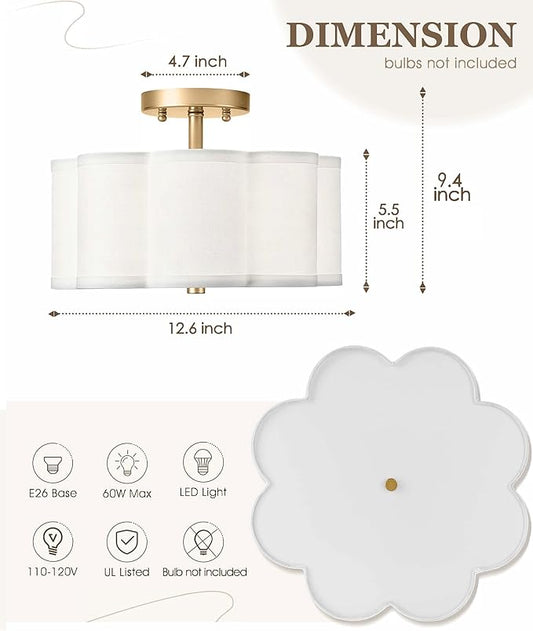 Gold Semi Flush Mount Ceiling Light, 3-Light 12.5" Ceiling Lighting Fixtures with Fabric Shade in Flower Shape, Farmhouse Brass Drum Lights for Nursery Hallway Bedroom, AD-22007-3SF-GD