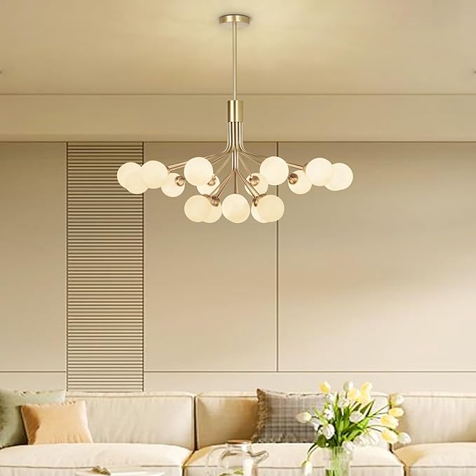Depuley Bubble Ball Sputnik Chandelier: 18-Light Glod Modern Mid-Century Chandeliers for Dining Room - Milky White Glass Ceiling Light Fixture Height Adjustable Kitchen Over Table Included G9 Bulbs