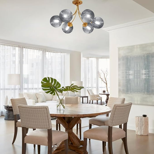 Gold Flush Mount Light 6-Light Glass Chandelier with Smoky Gray Globe Shade Mid Century Farmhouse Antique Gold Close to Ceiling Light for Entryway Hallway Foyer