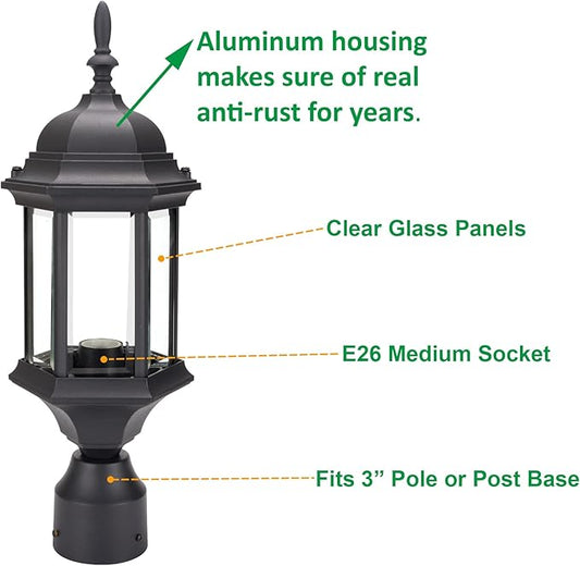 LIT-PaTH Outdoor Post Lighting Fixture Pole Lantern, E26 Medium Base Max 60W, Aluminum Housing Plus Glass, 1-Pack, Black Finish
