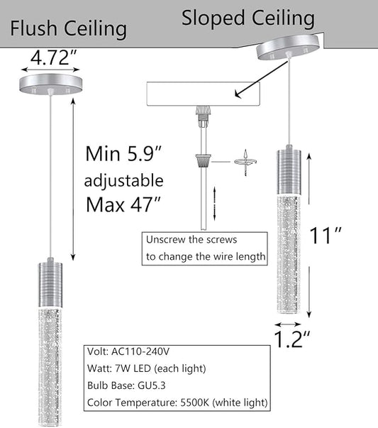 HAIXIANG 4 Pcaks Pendant Lights for Kitchen Island, White Light, Silver Chrome Crystal Linear Pendant Lighting, Bar Corner LED Light Fixture