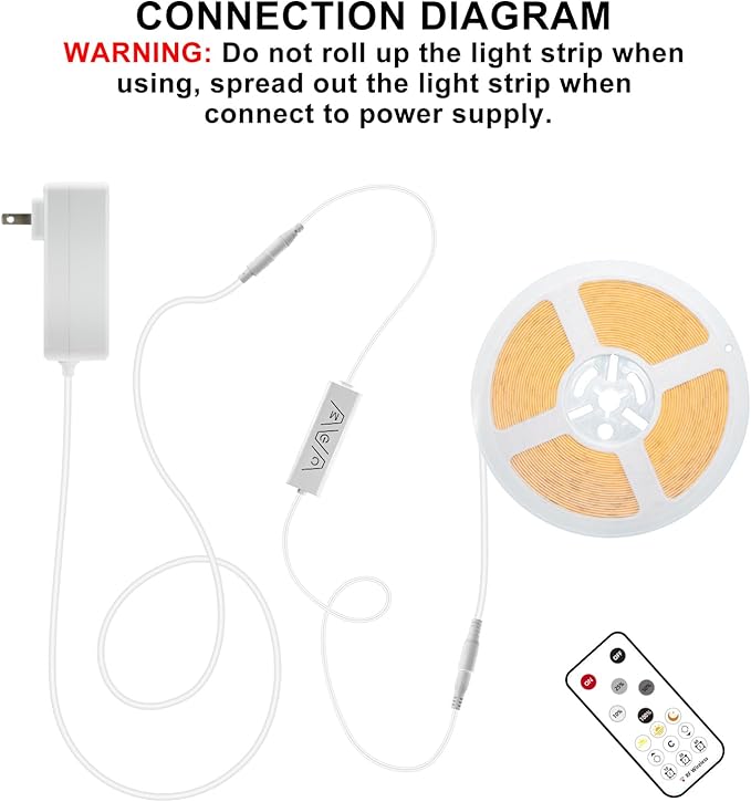 16.4ft COB LED Strip Light with Remote, 3000K Ra93+ Dimmable Bright Warm White Led COB Strip Light, White Continuous Led Strip Light for Mirror, Stair, Cabinet, Room