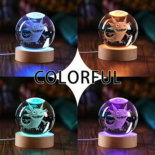Axolotl 3D Crystal Ball Night Light, 2.36 inch, Axolotl Gifts for Kids Birthday Decorations LED Base Christmas Decor Handmade Emotional Support Doll