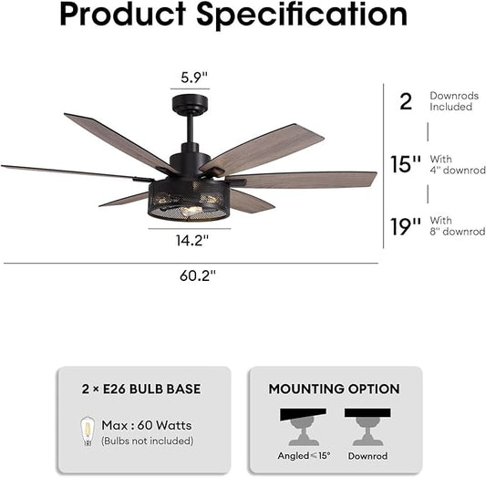 LuminFan 60 Inch Ceiling Fans with Lights and Remote Control, Farmhouse Ceiling Fan for Bedroom Living Room and Patio, Black Caged Ceiling Fan for Indoor and Outdoor