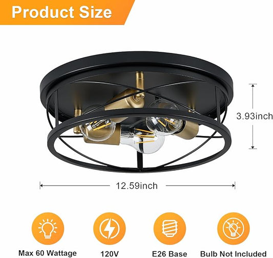 Farmhouse Light Fixtures, Black and Gold Round Metal Flush Mount Ceiling Light, 3-Light Cage Ceiling Lamp for Kitchen, Foyer, Bedroom, Hallway(Bulbs Not Included)