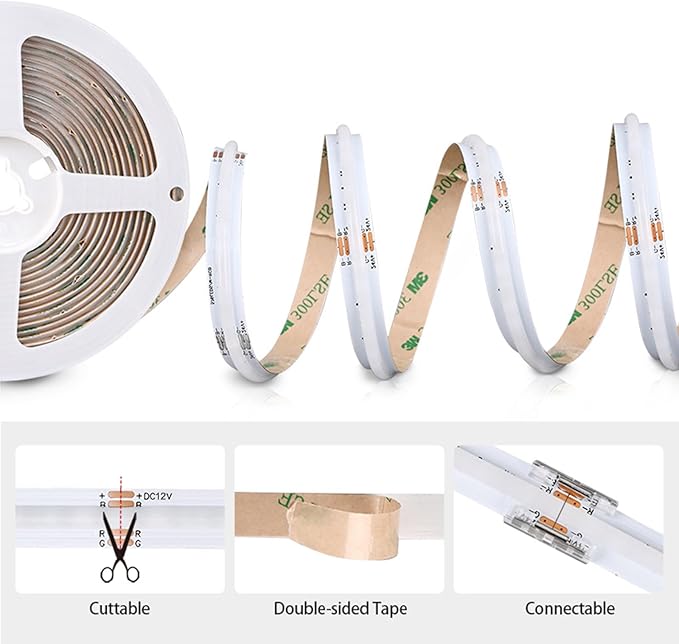 RGB COB LED Strip Lights 16.4ft High Density DC12V LED Tape Light 2880 LEDs Dimmable UL Listed FCOB Led Light Strip CRI 90+ Colorful Lighting for Kitchen Cabinets(No Adapter or Controller)