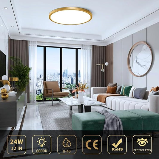 12Inch Gold Flush Mount Ceiling Light Fixture , 24W(240W Equivalent), 3200LM, 6000K Cool White, IP40, Flat Modern Round LED Ceiling Lights for Bedrooms, Living Rooms, Bathrooms, Stairwells, etc.