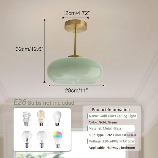 Milk Glass Ceiling Light Semi Flush Mount Ceiling Lights fixtures with Milk Green Glass Shade Mid Century Modern Flush Mount Lighting Gold Brass Close to Lamp for Hallway Kitchen Sink