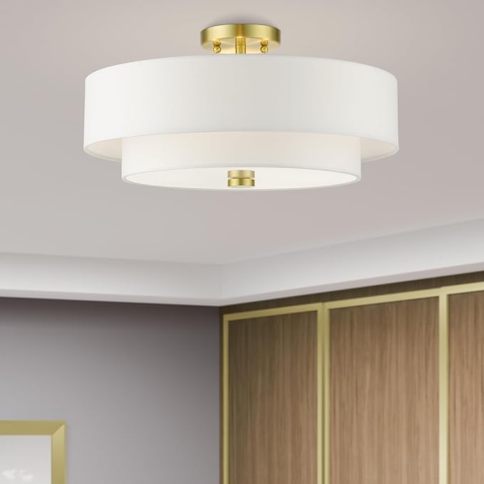 Livex Lighting 51045-12 Meridian Collection 4-Light Semi Flush Mount Ceiling Light with Off-White Hardback Fabric Shade, Satin Brass, 18 x 18 x 9