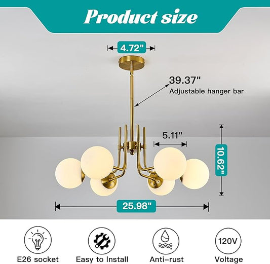 hesoge 6 Light Modern Sputnik Chandelier with Milk White Glass Globe Mid Century Gold Pendant Light Semi Flush Mount Ceiling Light Fixture for Dining Room Living Room Kitchen Entryway.