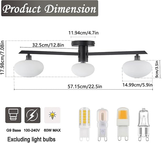 3-Light Mid Century Modern Ceiling Light 22.5" Black Semi Flush Mount Ceiling Light with Milk Glass Shade for Bedroom, Entryway, Hallway, Kitchen lsland, Dining Room & Living Room