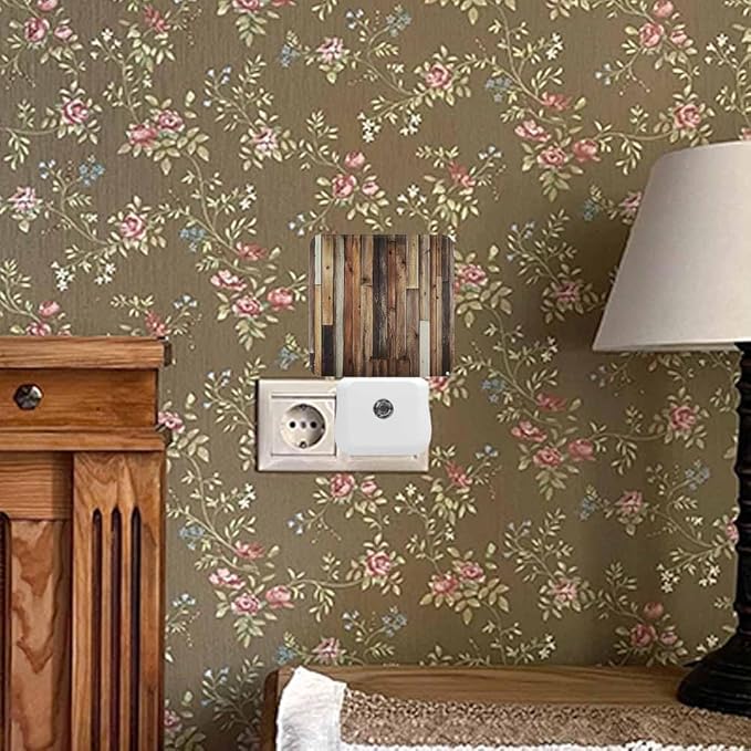 Old Wooden Planks Night Light Brown Vintage Style LED Night Lights Plug into Wall for Stairway Hallway Bedroom 0.5W Nightlight