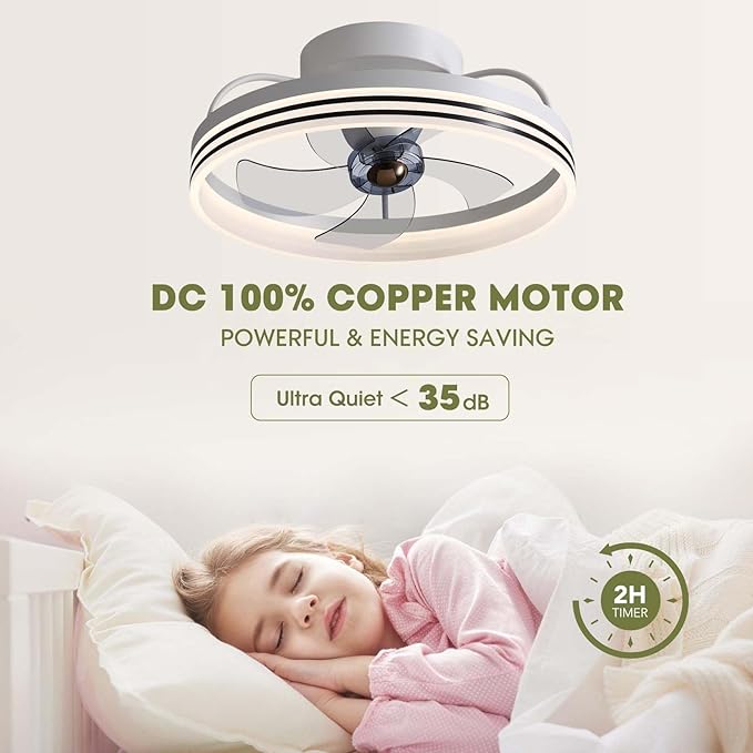 LUDOMIDE Ceiling Fans with Lights, 360° Rotating Ceiling Fan with Lights and Remote, 6 Wind Speeds Smart Flush Mount Ceiling Fan for Bedroom, Dining Room and Kitchen 20"