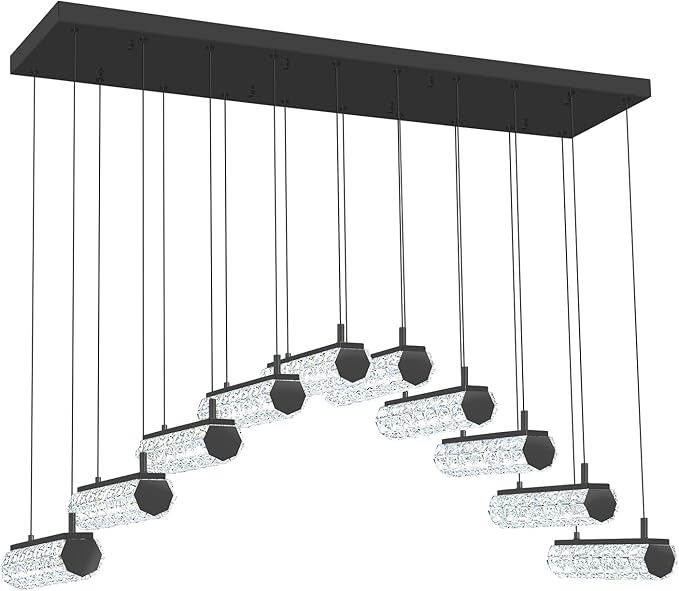 Crystal Ring Chandelier for Dining Room,Black 10 Lights Rectangular Crystal Pendant Lights Over Table Modern Linear Crystal Chandelier Dimmable with Remote Control