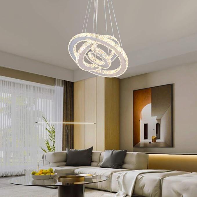 Modern Crystal Chandelier LED 3 Ring Chandeliers Stainless Steel Adjustable Pendant Light for Dining Room Living Room Bedroom Warm White