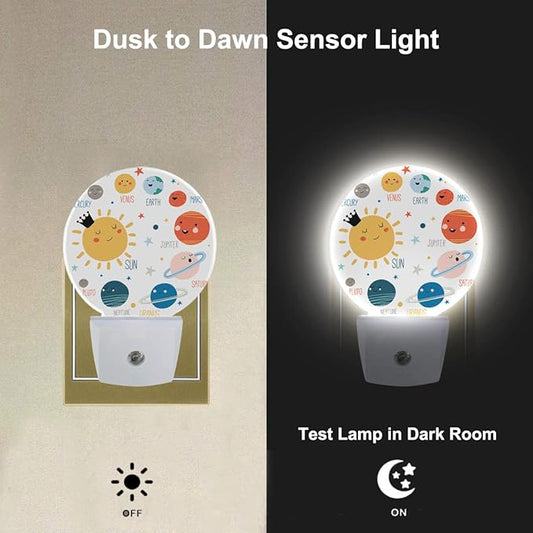 Solar System Night Light Planets Stars Satellites in Universe Cartoon Night Lights Plug into Wall Dusk to Dawn Sensor LED Lighting for Boys Girls Room Decor, 0.5W Sleep Friendly