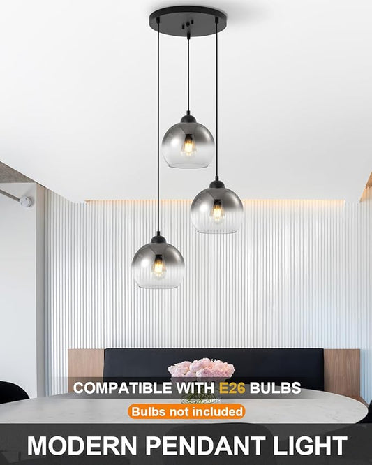 Modern Gradient Smoke Gray Glass Pendant Light,3-Light Globe Adjustable Hanging Pendant Light for Bedroom Kitchen Island Dining Room Stairwell