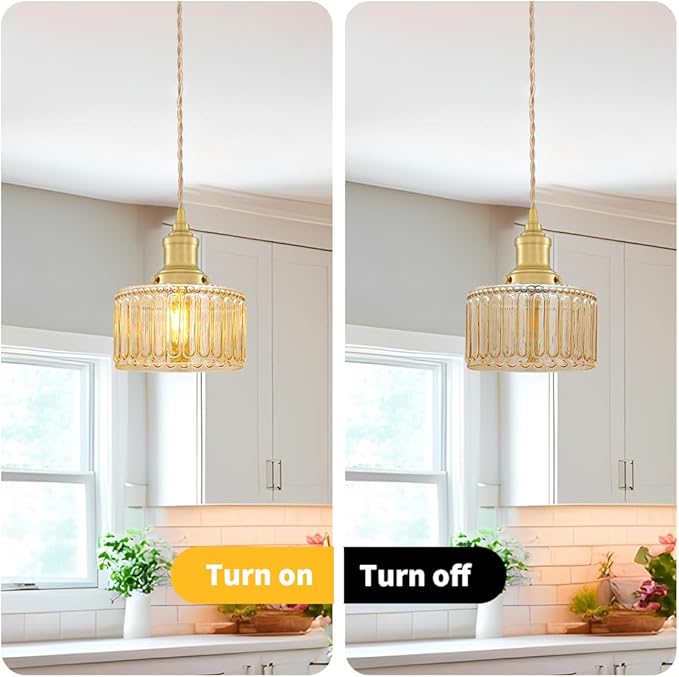 Vintage Pendant Light with Amber Striped Glass Lmapshade, Gold Pendant Lights Kitchen Island, Brass Kitchen Pendant Lighting over Island, Adjustable Hanging Light for Entrance Bathroom Dining Room