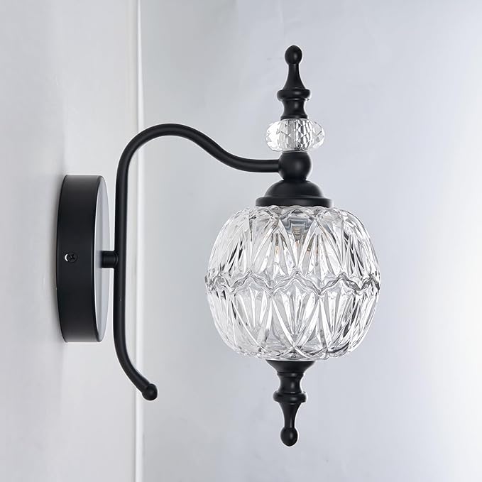 Black 1-Light Wall Light Fixtures with Crystal Glass Shade Vintage Bathroom Wall Sconces Retro Bathroom Vanity Light Fixtures for Bedroom Living Room Farmhouse