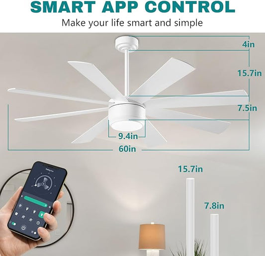 App Commercial Industrial Ceiling Fan with Lights and Remote Control, 8 Blade Reversible Stepless Brightness and Color Temperature (White, 60 Inch)